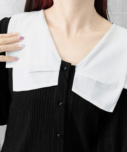 ビッグカラー ワッシャーブラウス 韓国風 ビッグリボン襟ブラウス レディース Vネックシャツブラウス 大人可愛い おしゃれプリーツブラウス上品清楚 パフ袖トップス 6QINGROU-003